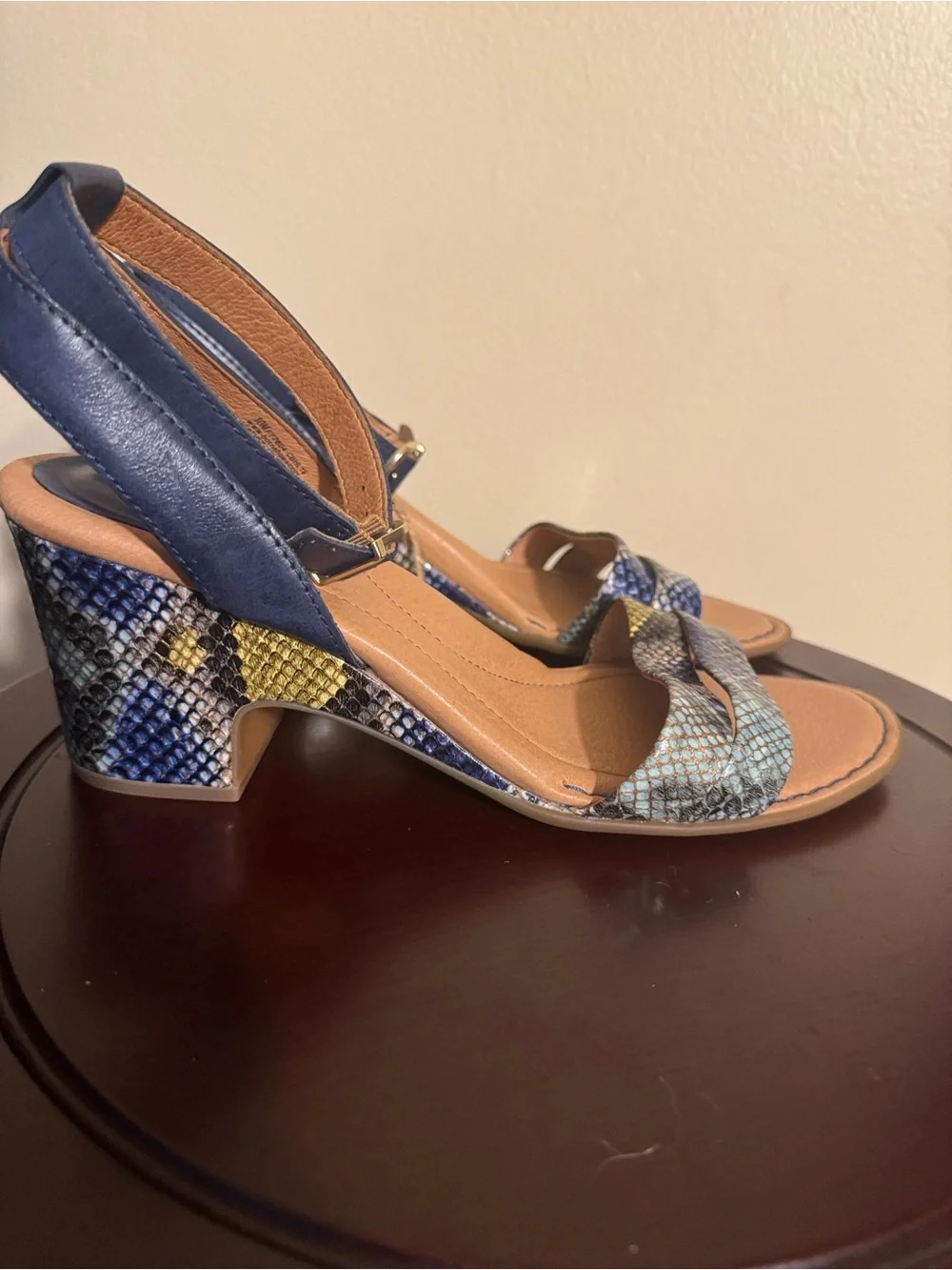 Born Blue Snake-Print Block Heel Sandals with Yellow Accents